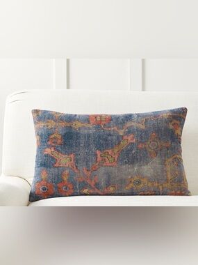 Pottery Barn Dara Lumbar Pillow Cover Blue 16x26 Velvet Persian Rug Style